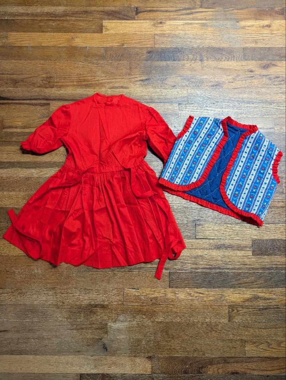 Vintage Girls Red Prairie Dirndl Dress Mock Vest Folk Boho Cottagecore Handmade